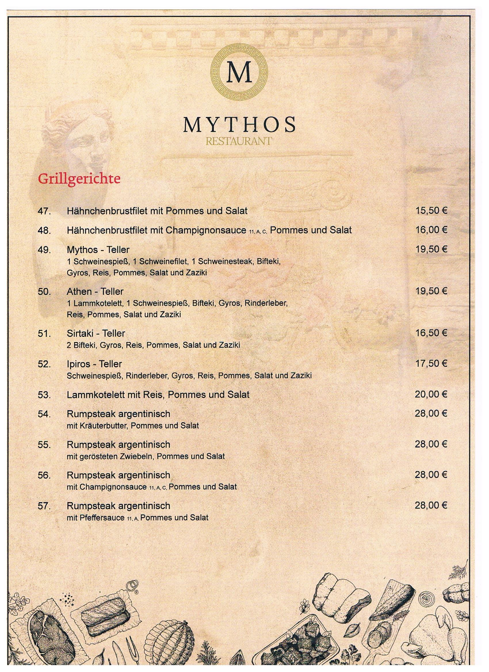 Restaurant Mythos - Speisekarte